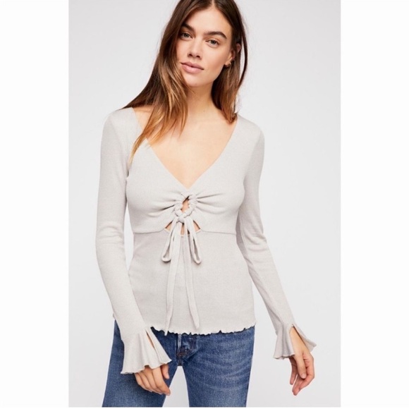 Free People Say When Long Sleeve Top Waffle Weave Cream Metallic Gold Size L - Picture 2 of 10